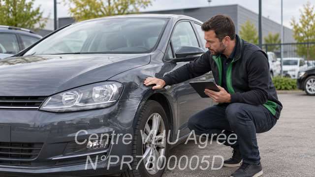 Notre expert en train de vérifier l'état et la valeur d'une voiture pour une estimation de rachat en Île-de-France